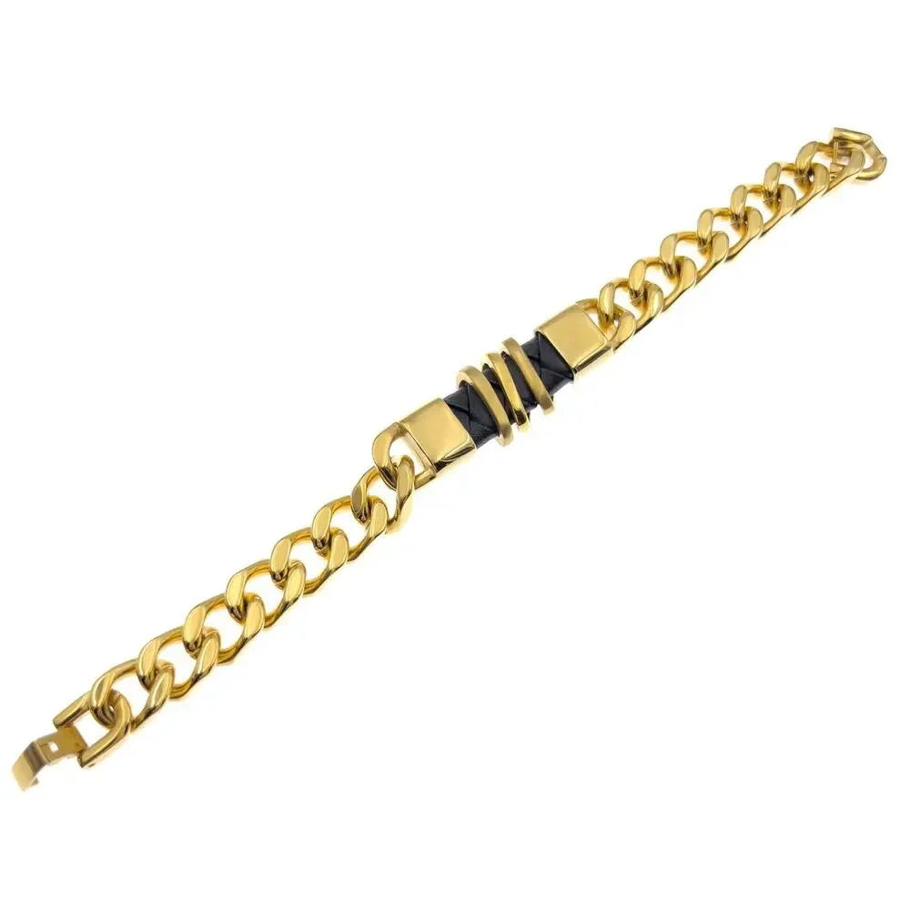 Stainless Steel Bracelet Gold Tone Cuban Link Black Leather Mens 8